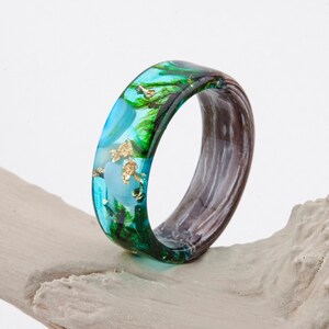 Forest women ring, Wood Grass Resin Ring, Women Nature Unique Rings, Celtic Engagement Wooden Rings, Plant resin ring, Terrarium wood ring,