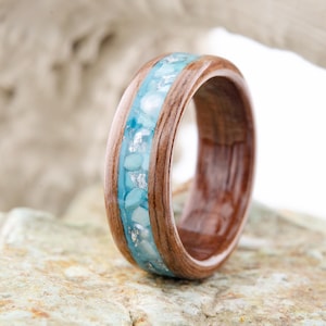 Wood Ring Walnut Bentwood Ring Wooden Turquoise Inlay Wedding Band Handmade Wood Ring Custom Men Women Wood Band Engagement Anniversary
