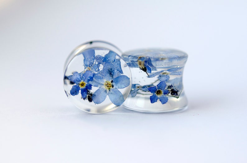 May include: Two clear resin ear gauges with blue forget-me-not flowers pressed inside. The gauges are round and have a smooth, polished finish.