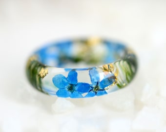 resin ring statement ring resin jewelry flower resin ring forget-me-not botanical ring real flower jewelry pressed flowers moss wedding ring
