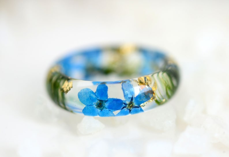 Forget-Me-Not Resin Ring with Real Flowers Inside, Forest moss, Gold24K , Women's Gift, Forget-Me-Not,Resin Rings, Mother's Day Gift image 7