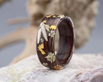 Rosewood Engagement Ring with Queen Anne Flowers. Wooden Rings. Wood Wedding Band. Rustic Wedding Band. Rosewood Ring
