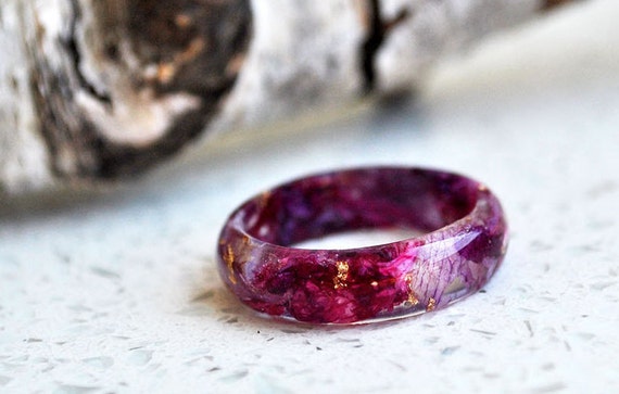 Eco Resin Ring Band with Natural Pressed Оrchid Petals and Gold Flakes and nature moss.