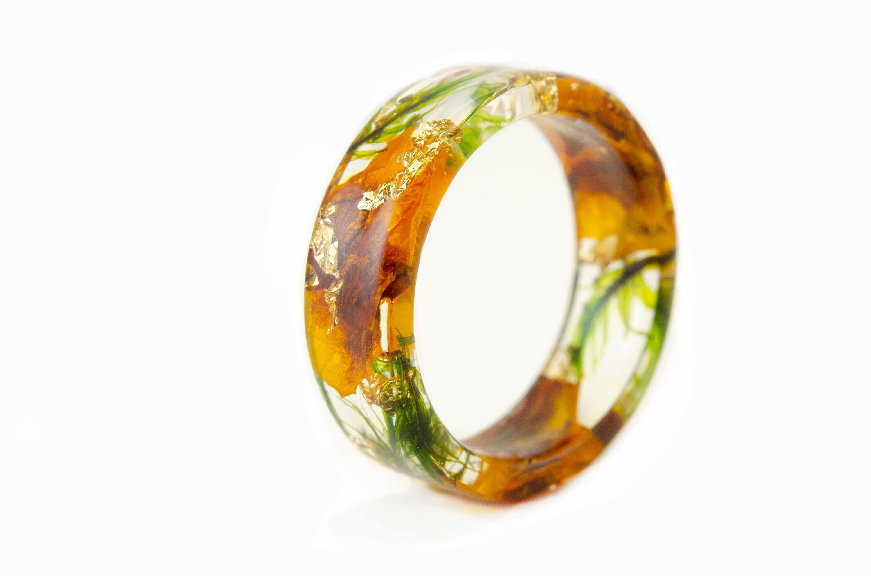 Resin Rings, with Dried Grass, Gold Foil, Green, 16mm Resin Green