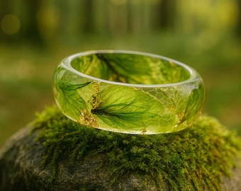 Moss Ring, Nature Inspired Resin, Forest Resin Ring, Real Pressed Green Leaves. Woodland Ring, Gold24K, Green Moss Ring,