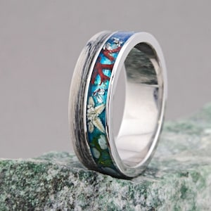 Titanium Ocean Pattern Ring, Wooden Blue Ocean Resin Ring, Titanium Ring With Gray Wood, Statement Titanium Starfish Ring, Sea Lover Gift
