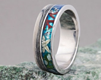 Titanium Ocean Pattern Ring, Wooden Blue Ocean Resin Ring, Titanium Ring With Gray Wood, Statement Titanium Starfish Ring, Sea Lover Gift