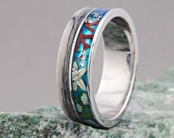 Titanium Wedding Band Men. Titanium Blue Ring, Titanium Ocean Pattern Ring, Titanium Ring Men, Titanium Wedding Band, Titanium Ring Wood