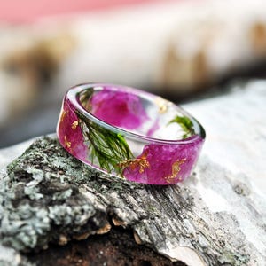 Pink Orchid Resin Ring with Real Pressed Petals , Green Forest Moss, Nature Inspired Clear Ring, Gold 24K, Gift for Her image 8