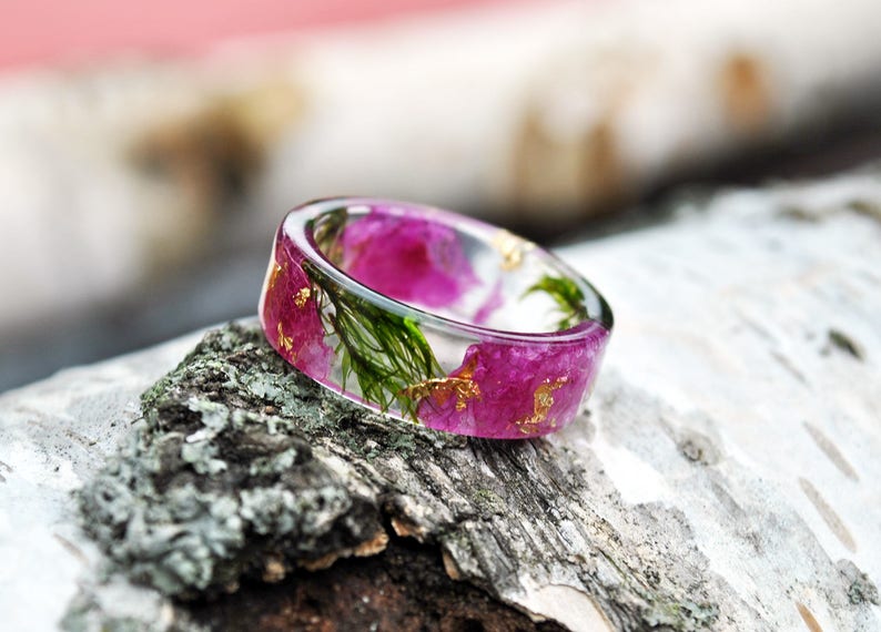 Pink Orchid Resin Ring with Real Pressed Petals , Green Forest Moss, Nature Inspired Clear Ring, Gold 24K, Gift for Her image 8