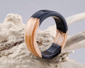 black resin ring, Man wood ring, 5 year anniversary gifts for men, Wood ring resin. Wooden fashion jewelry. Natural Wedding Ring man