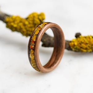 Anillo de nogal curvado con liquen. Anillo de madera de bosque. Anillo de liquen. Anillo de nogal curvado, anillo de madera rústica. Anillo de bodas de madera, 5.º aniversario.