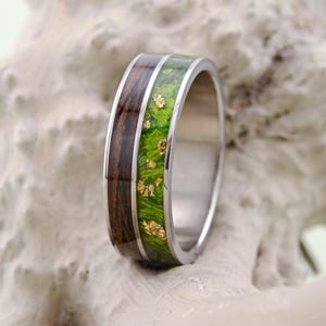 Titanium Wedding Band with Dark Oak, Titanium Ring with Hydrangea Green, Men Green Titanium Wedding Ring, Titanium Dark Oak Rings. Wood Ring