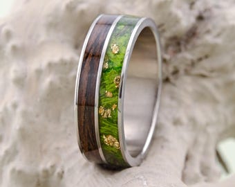 Titanium Wedding Band with Dark Oak, Titanium Ring with Hydrangea Green, Men Green Titanium Wedding Ring, Titanium Dark Oak Rings. Wood Ring