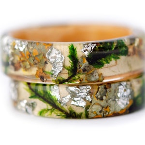 Forest ring with birch, tree bark, forest moss and silver flakes. Nature inspired engagement rings made from natural moss. image 2