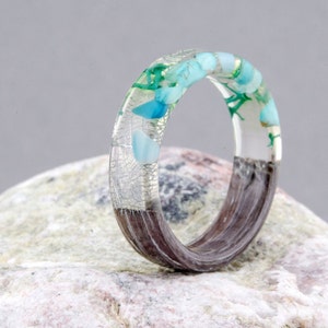 blue resin ring, clear resin ring, nature resin ring, wood resin ring, ocean blue ring stacking ring ocean jewelry aquamarine ring aqua ring