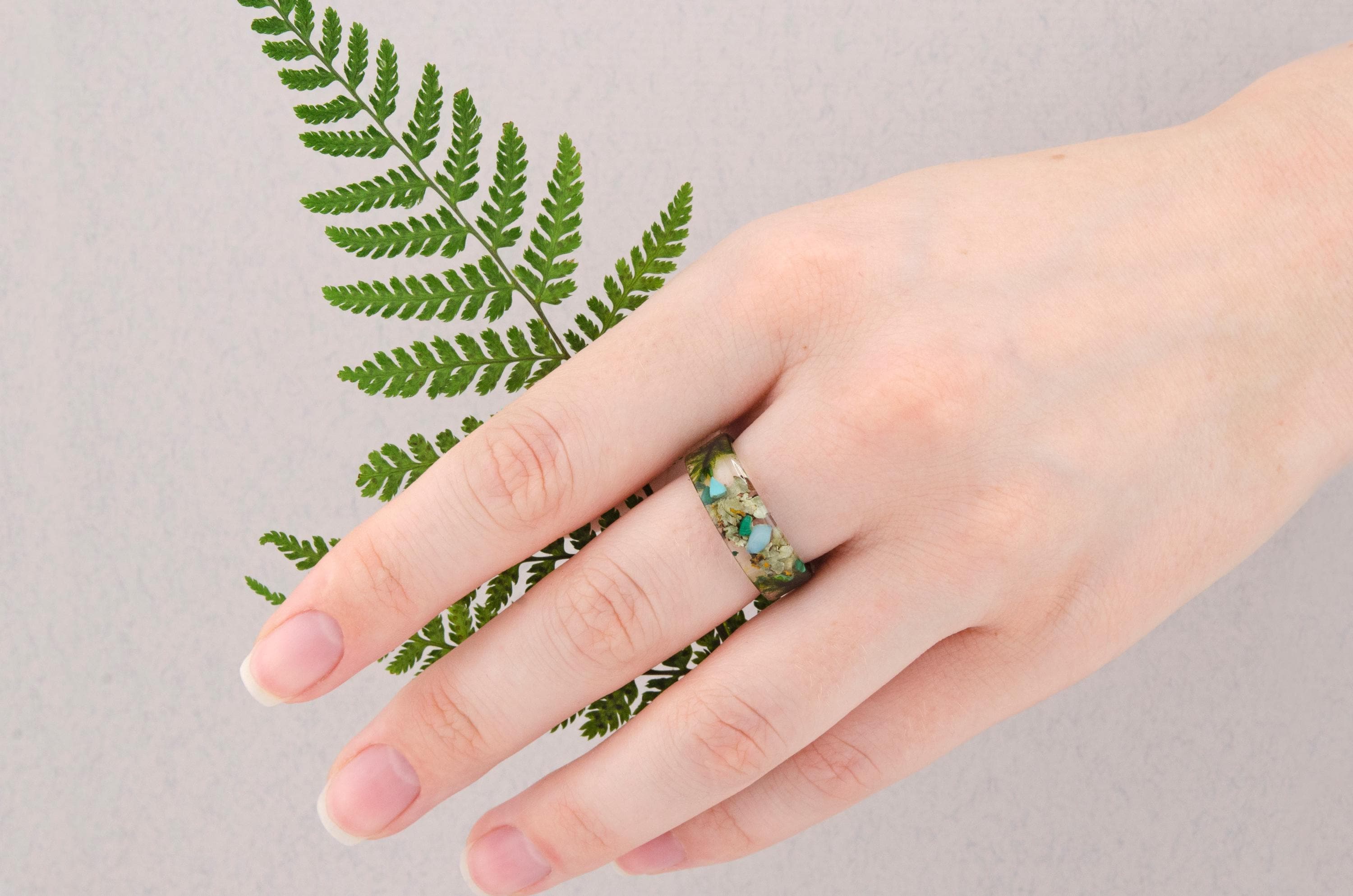 Stone Look Tree Rings Forest Wood&resin Ring With Green Natural Stones Malachite, Tree Bark ...
