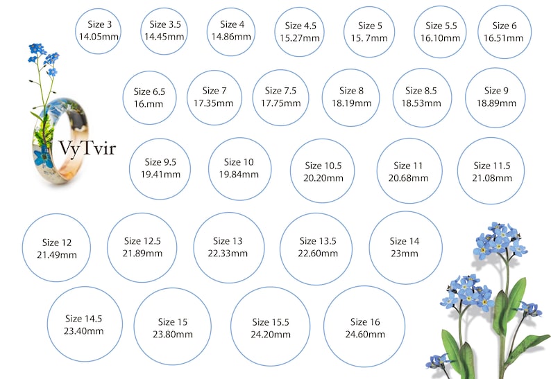 May include: A ring featuring a floral design with blue flowers and green leaves, accompanied by a sizing chart displaying sizes 3 through 16 with corresponding diameters in millimeters. The text VyTvir is visible next to the ring image.