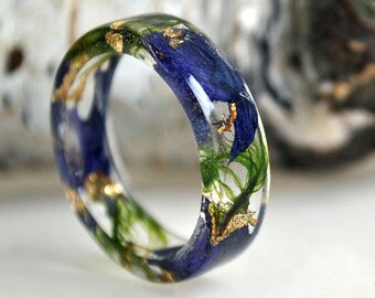 Blue Resin Ring, Blue Rose Resin Ring, Green Moss Ring, Pressed Blue Rose, Nature Moss, Natural Pressed Blue Rose, Gold24K