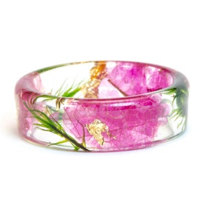 Pink Orchid Resin Ring with Real Pressed Petals , Green Forest Moss, Nature Inspired Clear Ring, Gold 24K, Gift for Her image 2