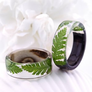 Real Fern resin ring. Forest women ring with real fern. Wood resin ring with real fern. Fern Ring. Wooden Rings For Women.