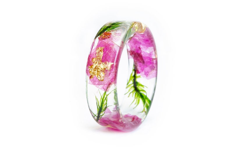 Pink Orchid Resin Ring with Real Pressed Petals , Green Forest Moss, Nature Inspired Clear Ring, Gold 24K, Gift for Her image 6