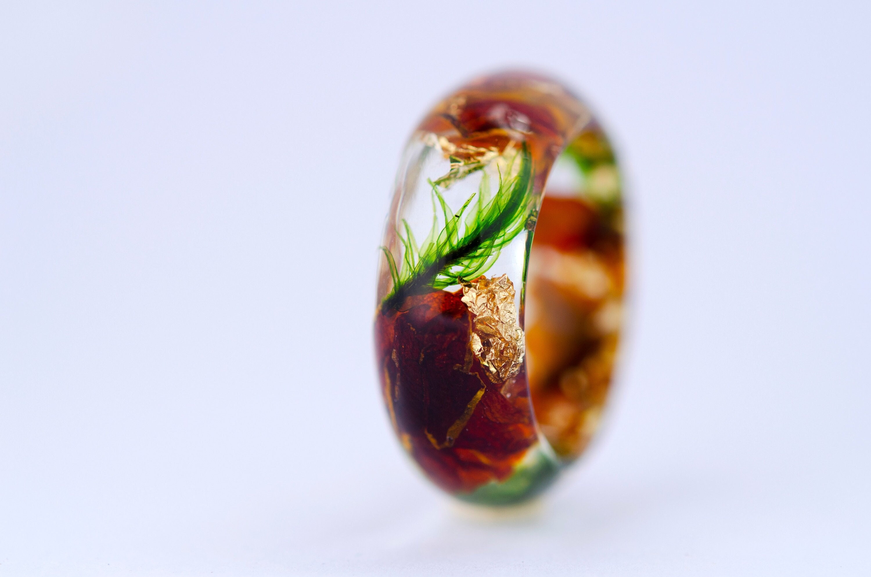 Brown Resin Ring With Marigold and Moss. Real Moss Resin