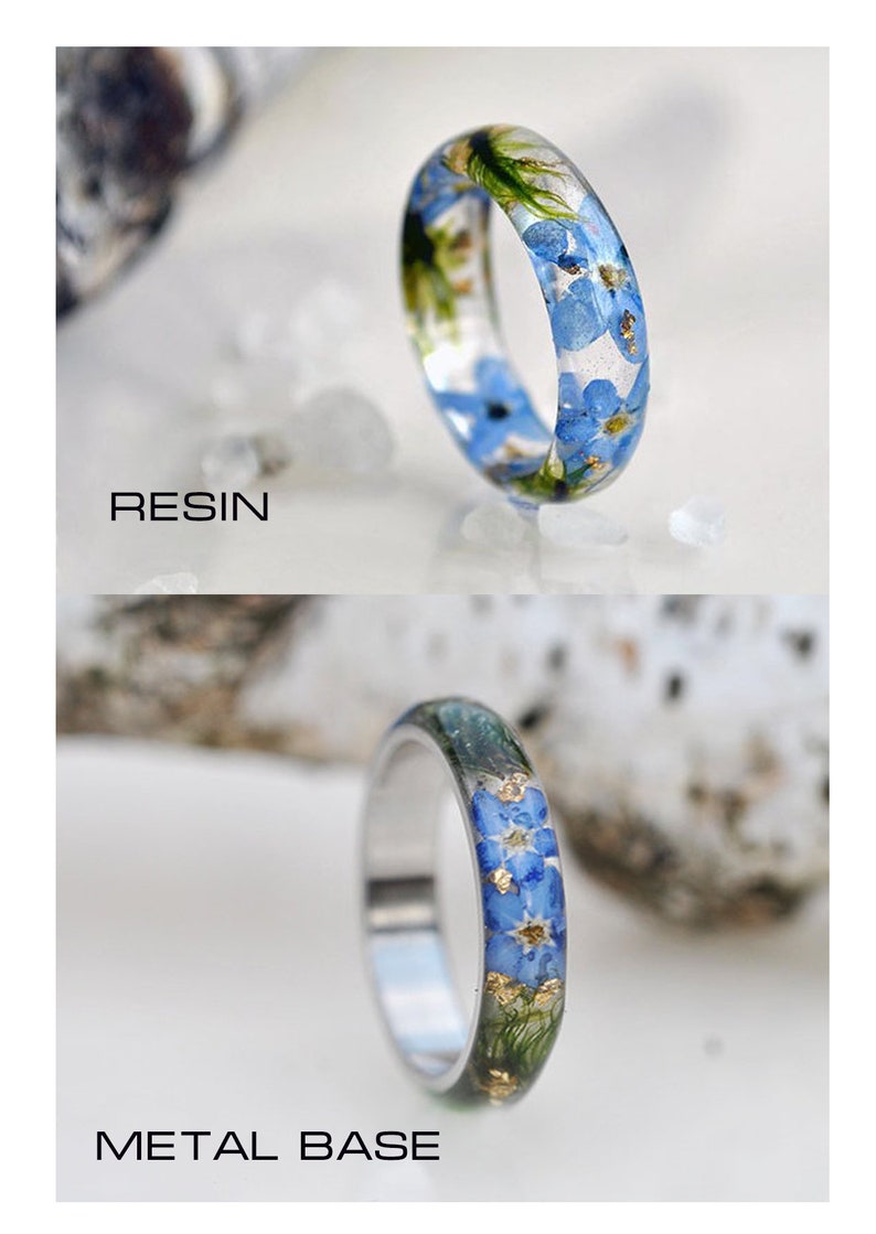 Forget-Me-Not Resin Ring with Real Flowers Inside, Forest moss, Gold24K , Women's Gift, Forget-Me-Not,Resin Rings, Mother's Day Gift image 9