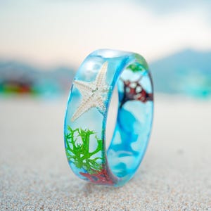 Blue Resin Ring, Ocean Wave Ring, Beach Ocean Gift Blue Resin, Ring Resin With Starfish, Beach Ring Ocean, Green and Red Moss
