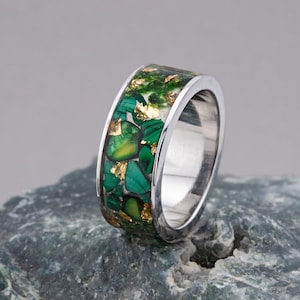 Malachite Titanium Ring, Women Titanium Ring with Malachite, Emerald Men Titanium Ring, Titanium Wedding Ring Women, Titanium Wedding Ring