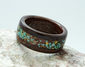 American Walnut Wood Turquoise Ring, Women Turquoise Ring, Walnut Wood Wedding Ring, Anniversary Ring, Engagement Ring, Walnut Bentwood Ring