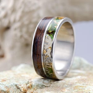 American Walnut Titanium Wedding Mens Ring. Titanium American Walnut Wedding Band, Green Titanium Ring, Mens Titanium Ring with Moss.