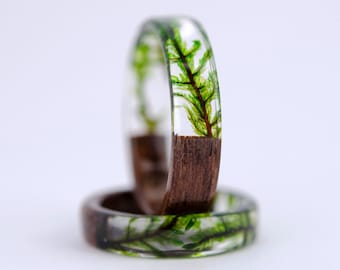 resin moss rings Womens wood ring Forest jewelry nature lover gift men moss terrarium natural moss botanical jewelry rings for women rings