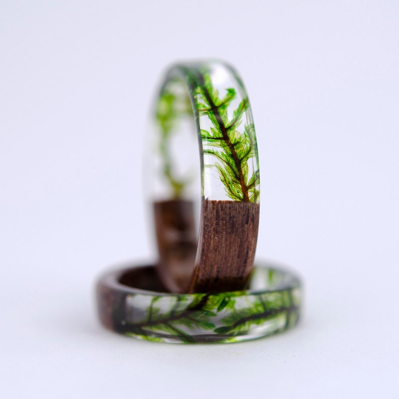 resin moss rings Womens wood ring Forest jewelry nature lover gift men moss terrarium natural moss botanical jewelry rings for women rings image 1