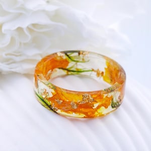 Sunflower Resin Ring, Nature Inspired Ring with Real Petals Inside, Nature Inspired Ring, Green Moss Ring, Orange Flowers Ring, Gold24K