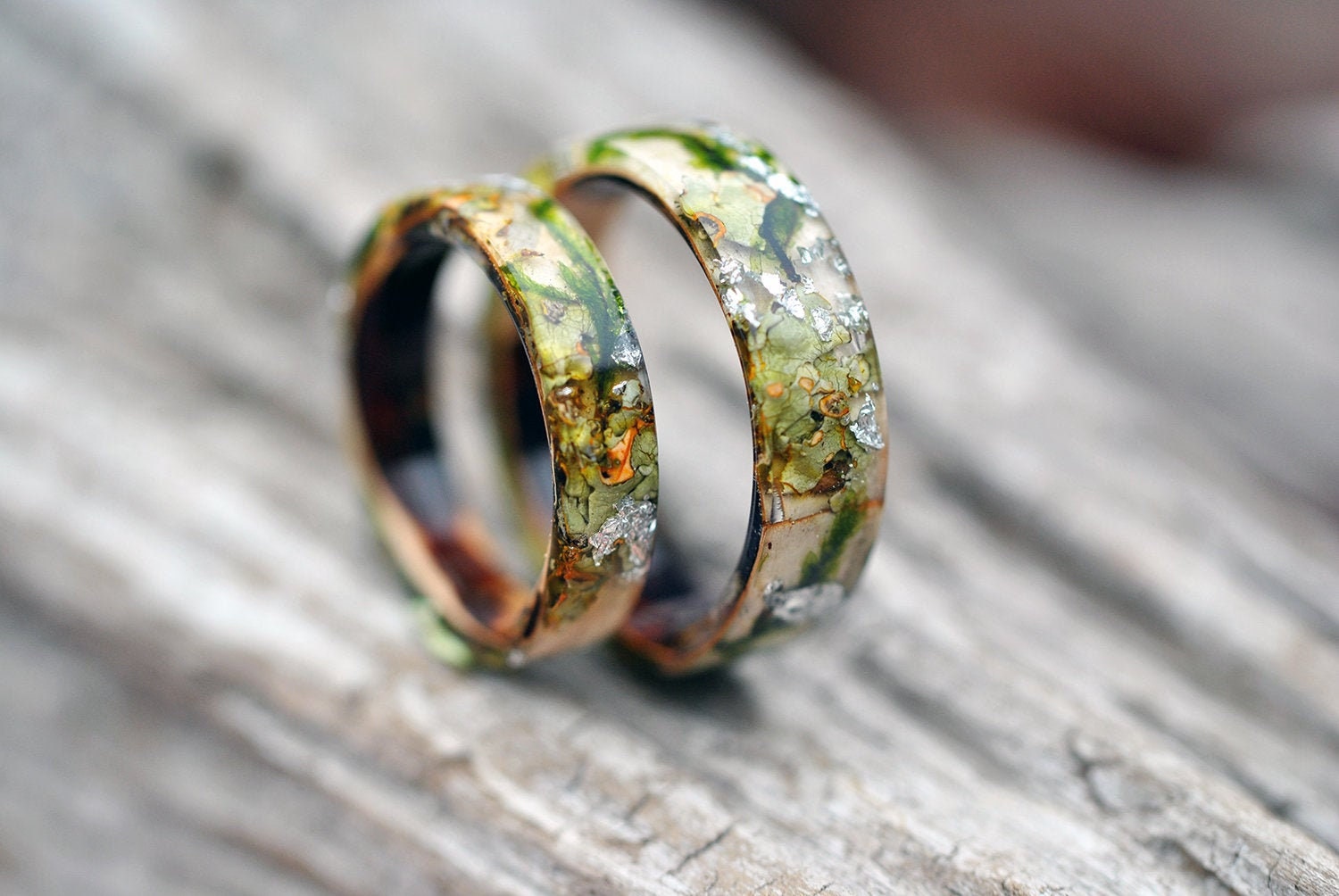 Forest Ring With Birch Tree Bark Forest Moss and Silver Etsy Canada