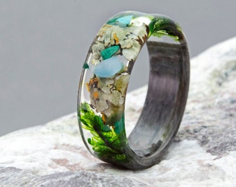 Forest women ring, Wood Grass Resin Ring, Women Nature Unique Rings, Celtic Engagement Wooden Rings, Plant resin ring, Terrarium wood ring,