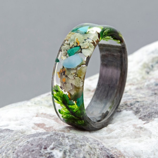 Forest women ring, Wood Grass Resin Ring, Women Nature Unique Rings, Celtic Engagement Wooden Rings, Plant resin ring, Terrarium wood ring,
