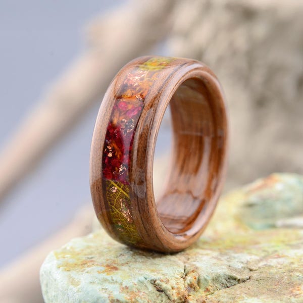 American Walnut Ring with Green Skeleton Leaf, Wooden Engagement Rings. Walnut Ring with Orange Marigold. 5 Year Anniversary. Rustic Ring