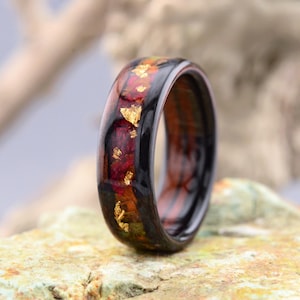 Wood Ring with Marigolds. American Walnut Ring. Wooden Wedding Ring. Mens Wedding Ring. Walnut Ring with Geranium. Mens Wood Ring