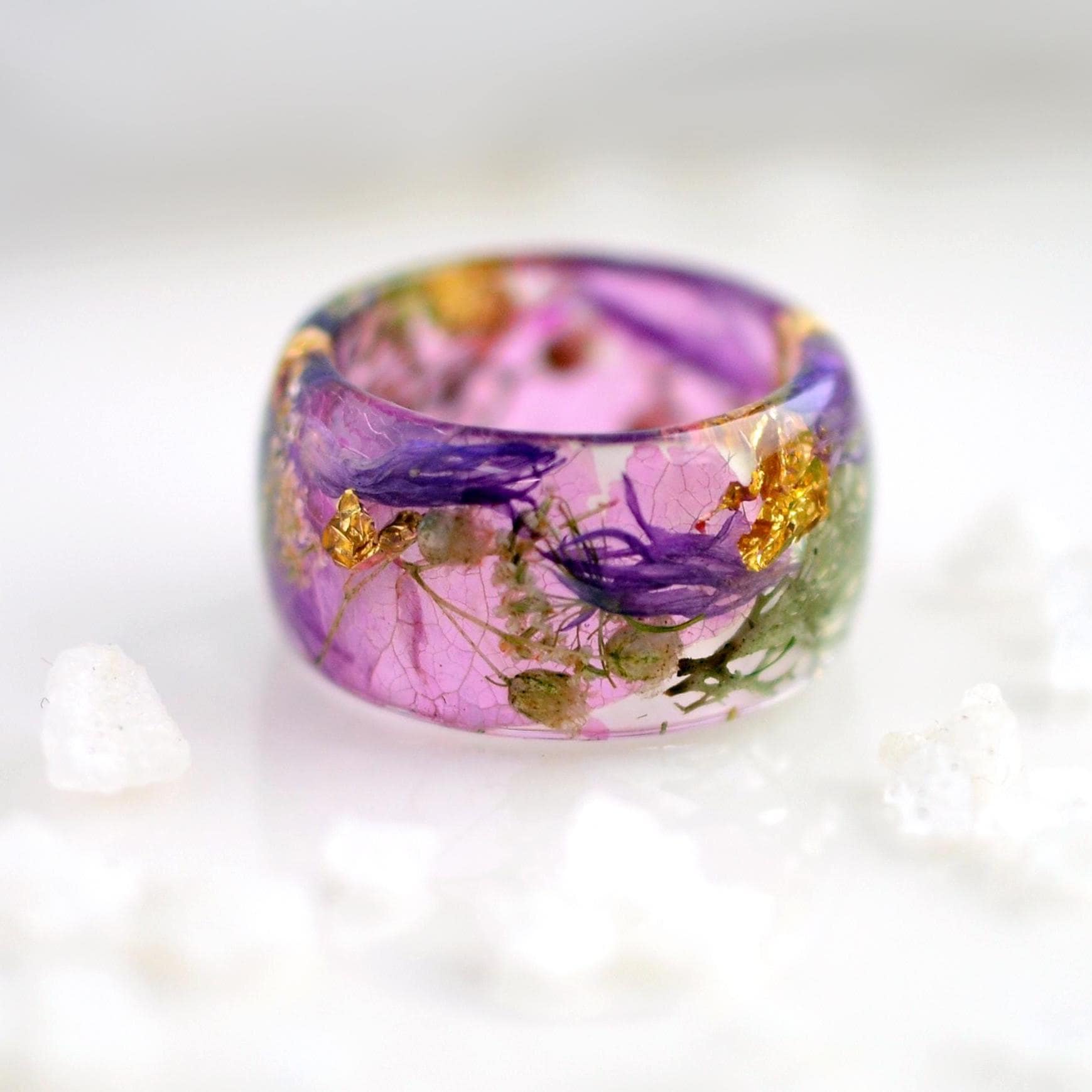 Purple Flowers Ring, Pressed Flower Resin Ring, Real Lichen Ring. Nature Promise Ring, Purple Resin Ring. Floral Spring Resin Ring.