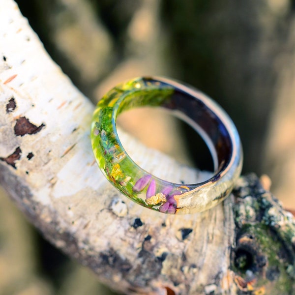 Birch Forest Ring, Real Heather Flower, Real Fern Ring, Birch Forest Ring For Women, Real Fern Resin Ring, Birch Bark Ring, Gold24K