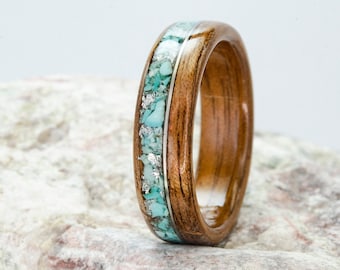 Turquoise Stone Ring, Turquoise Women Ring with Wood, Wooden Ring with Turquoise Inlay, Turquoise Wedding Ring, Wedding Band for Women