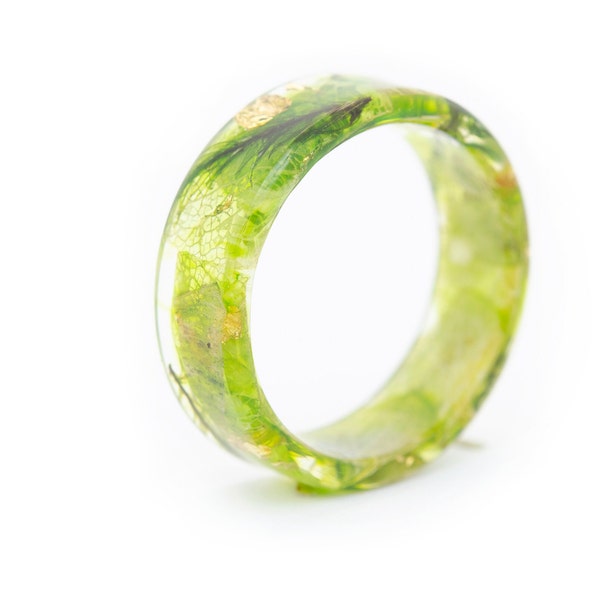 Harsring, echte geperste groene bladeren en groen bosmos. Ringen geïnspireerd door de natuur. Forest Moss Ring, Terrarium Ring, Klaver Hars Ring