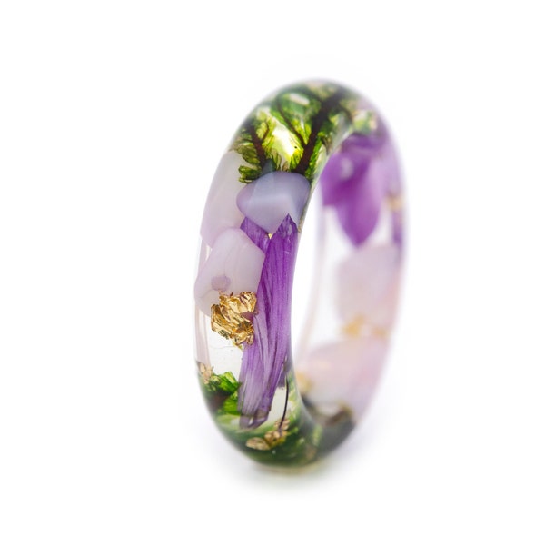 Bague en résine avec pierres précieuses, bague violette, bague en pierre de lune blanche, bague en pierre brute, bague en résine fleur, bague bohème, bijoux en pierre de lune, pierre de lune naturelle