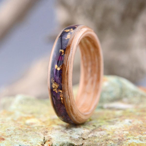 Sandalwood Ring Women, 5 Year Anniversary, Wooden Engagement Rings, Wood Rings with Iris, Wood Engagement Ring, Purple Flower Ring