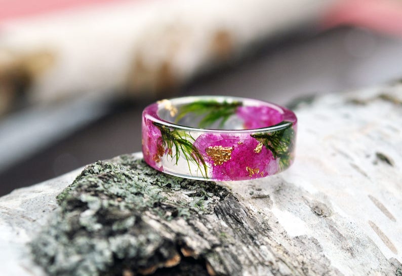 Pink Orchid Resin Ring with Real Pressed Petals , Green Forest Moss, Nature Inspired Clear Ring, Gold 24K, Gift for Her image 7