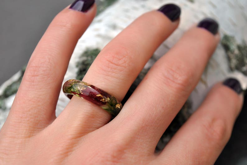 wide band ring forest jewelry,lichen statement ring marsala ring statement jewelry engagement ring pressed real flower ring moss ring