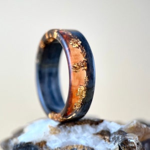 Anniversary Resin and Wood Ring with Brown Resin and 24K Gold.  Brown Resin Ring with Gold Flakes, Nature Inspired Handmade Jewellery,