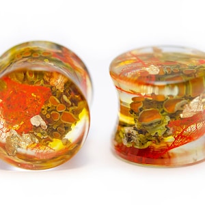 May include: Pair of clear glass ear gauges with embedded orange, yellow, and green botanical elements.